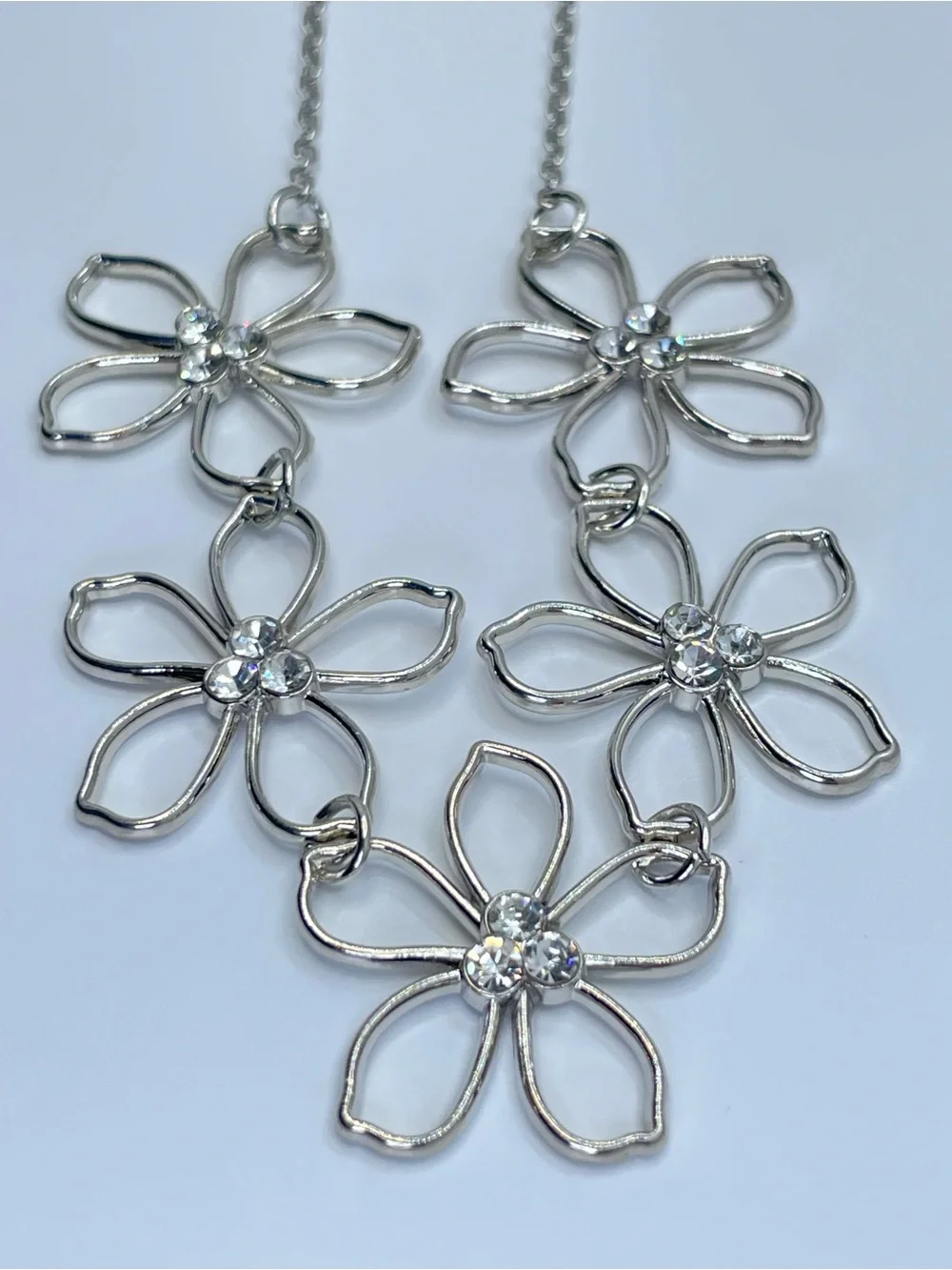 Silver Tone Crystal Flower Necklace Dainty Floral Statement Jewelry